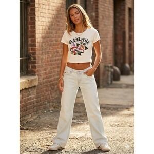 Ed Hardy Womens Ivory Crop T-Shirt Tattoo Rose Heart Logo Large NEW